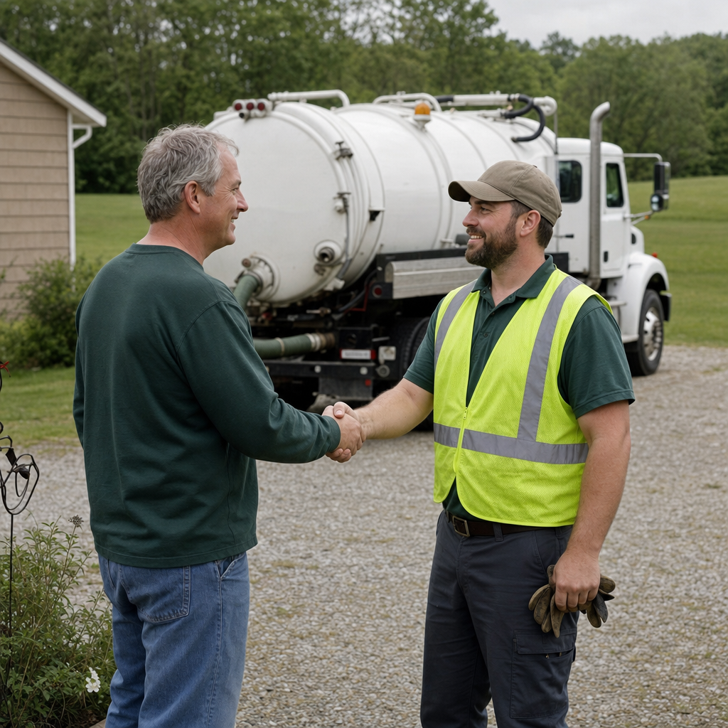 A septic technician shaking a Lakewood homeowner's hand beside the service truck after a completed pump-out