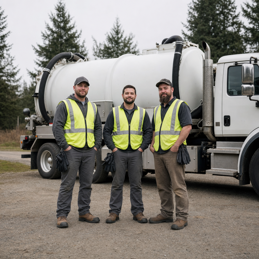 The Lakewood septic pumping crew standing together beside their clean white vacuum truck on a residential street