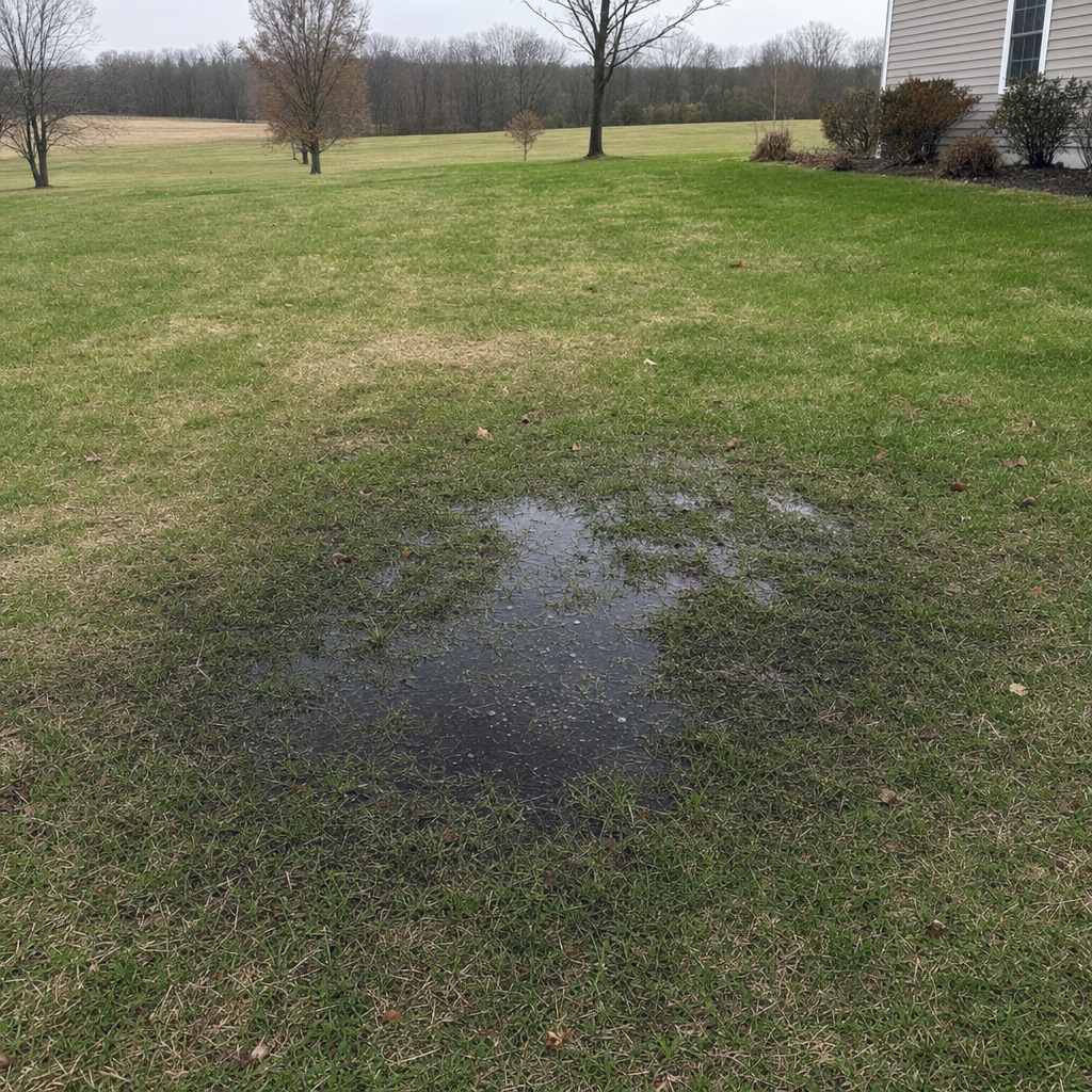 A dark, saturated wet spot in a Lakewood backyard lawn marking a failing cesspool at capacity