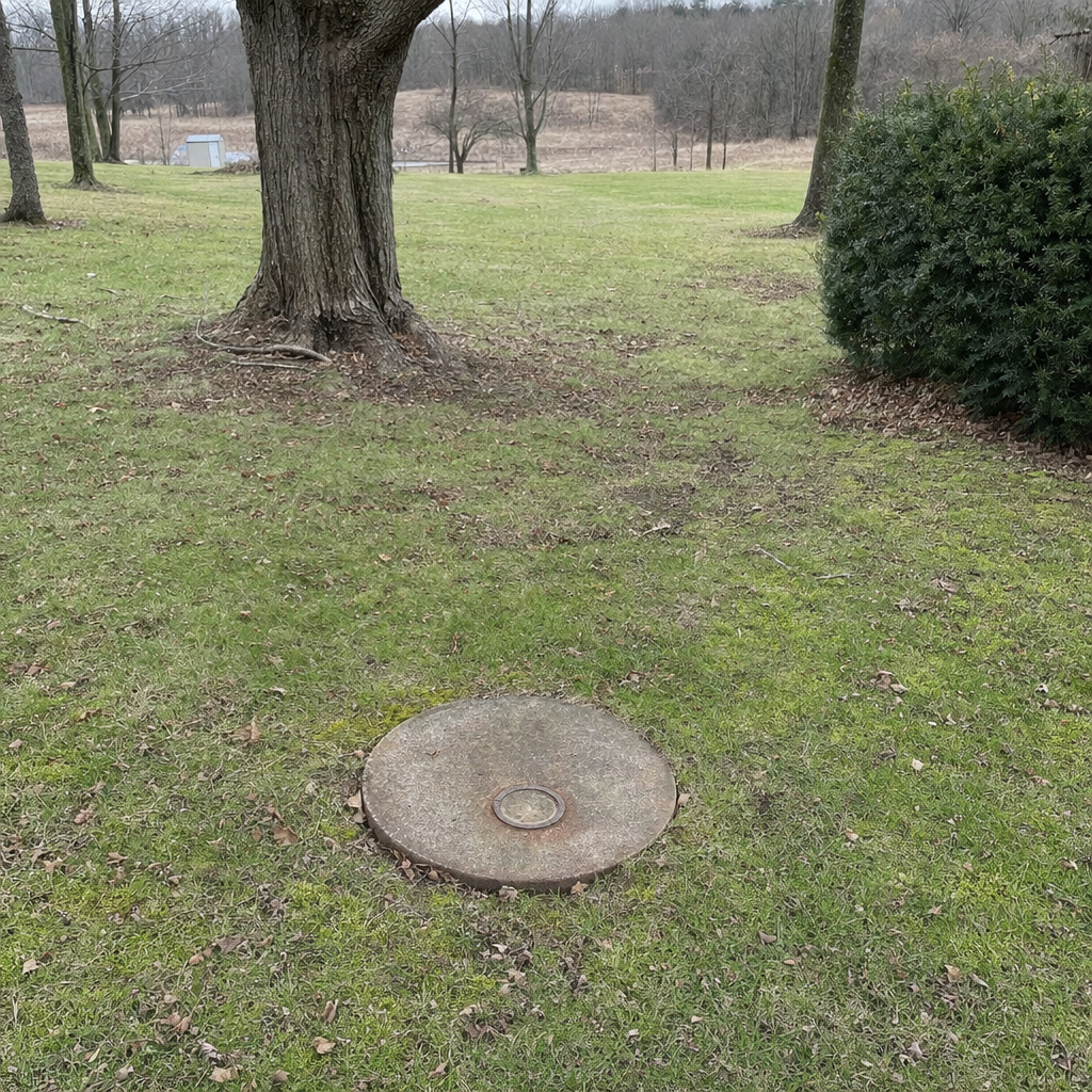 An older round cesspool access lid set flush in an established, mature Lakewood backyard lawn