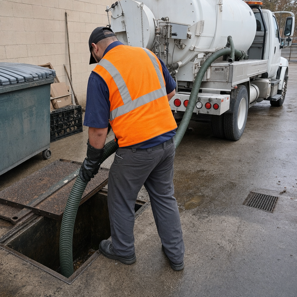 Technician pumping a grease trap behind a Lakewood restaurant