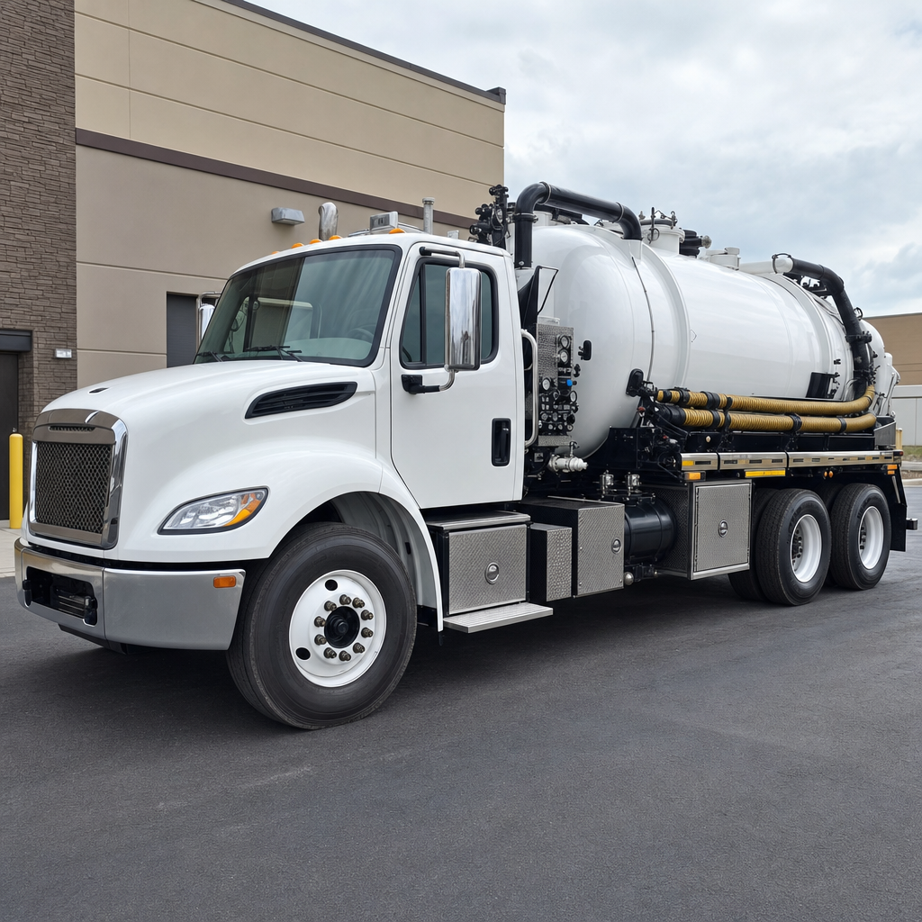 Commercial septic vacuum truck parked in a Lakewood business parking lot
