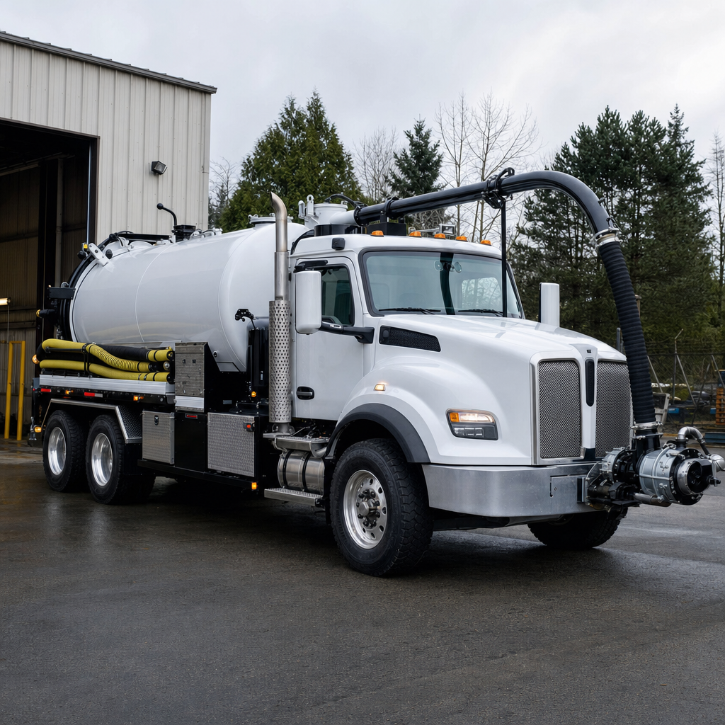 A clean white septic vacuum truck rolling out of a tidy Lakewood service depot at the start of the day
