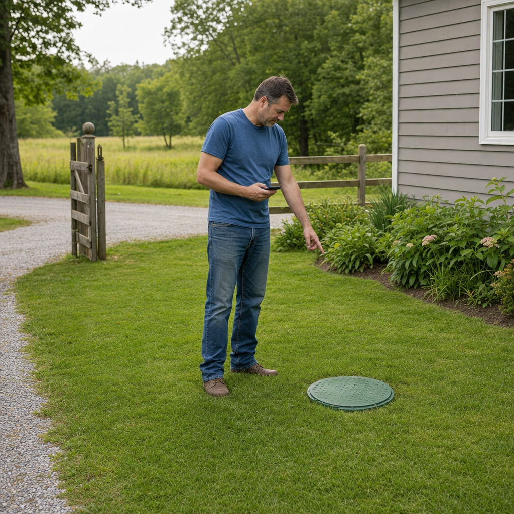 A Lakewood-area homeowner standing in the backyard noting where the septic tank lid and access route are located