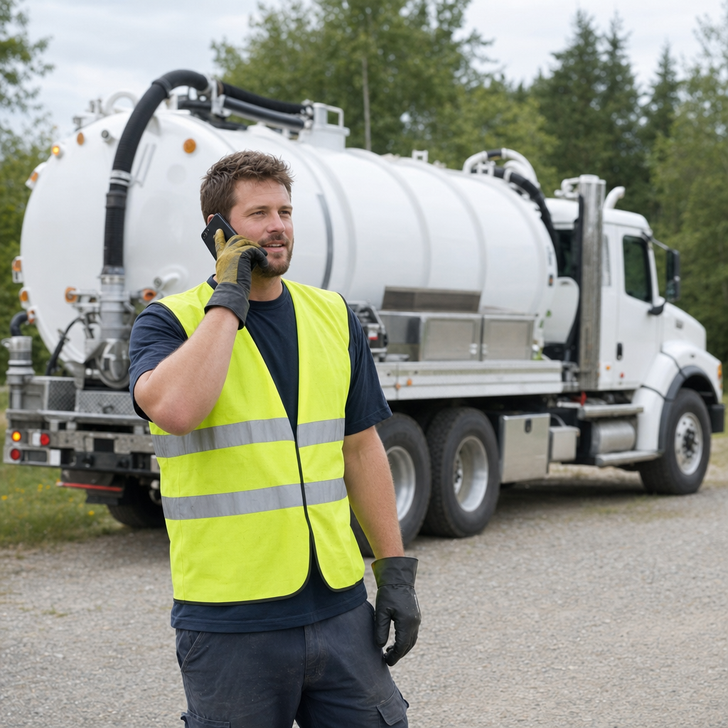 A friendly septic dispatcher holding a phone, ready to answer a Lakewood homeowner's call about a pump-out