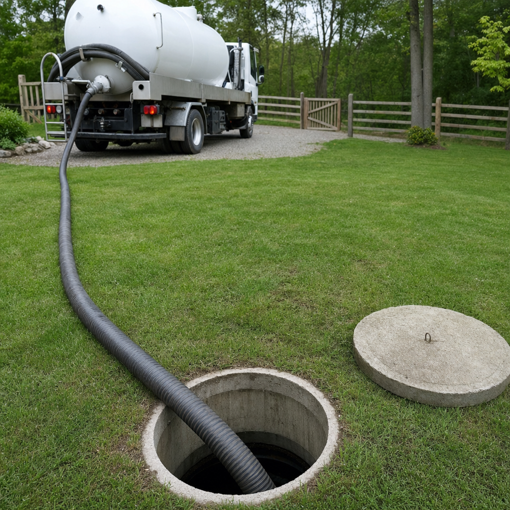 Suction hose connected to an open septic tank, drawing it down in a tidy Lakewood yard