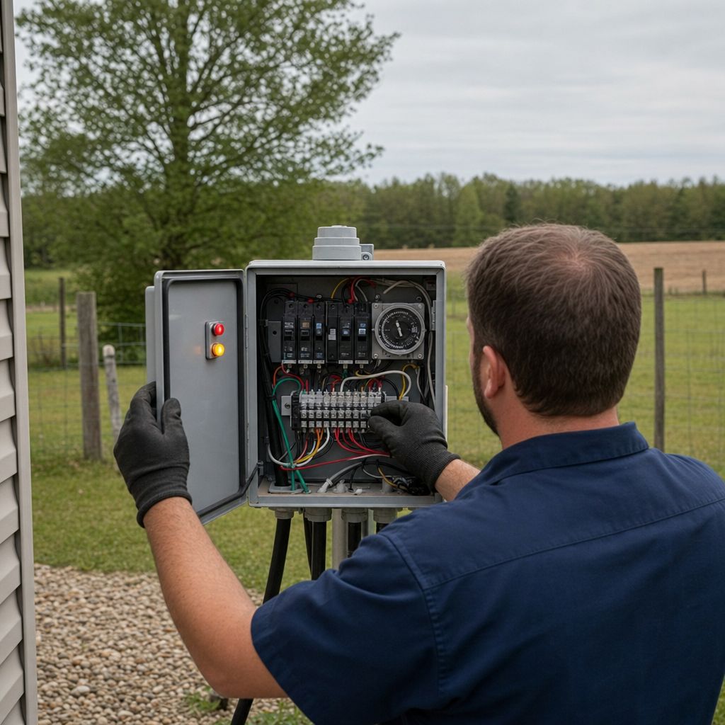 Technician checking an aerobic septic control box with a lit red high-water alarm during a same-day Lakewood visit