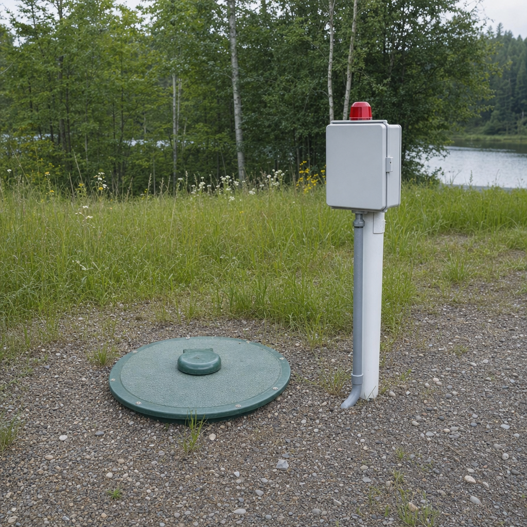 A wastewater holding tank access lid set in the ground at a rural Lakewood-area cabin, with a mounted high-level float alarm panel nearby