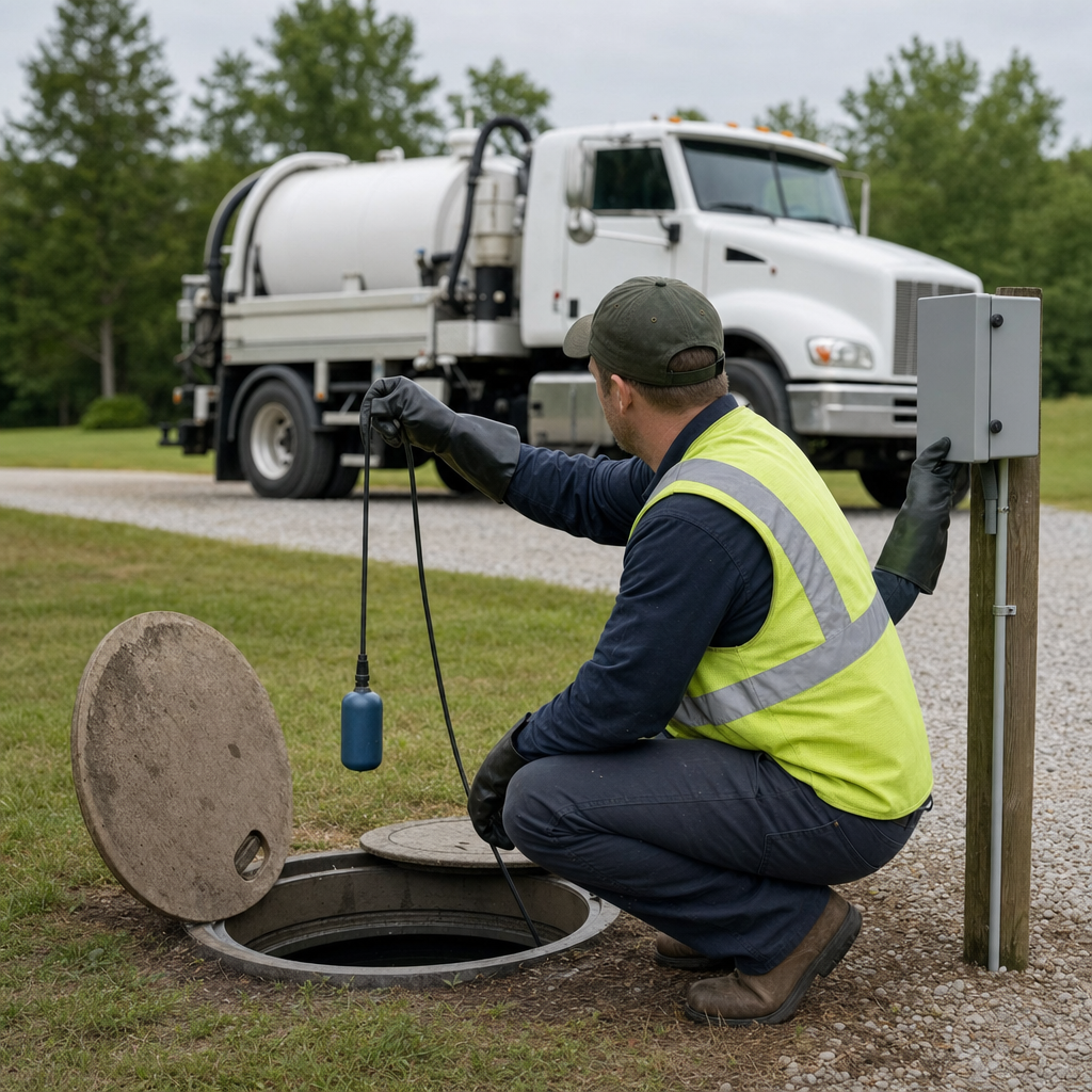 A septic technician in a high-visibility vest checking a high-level float switch and alarm panel on a holding tank at a rural Lakewood-area site