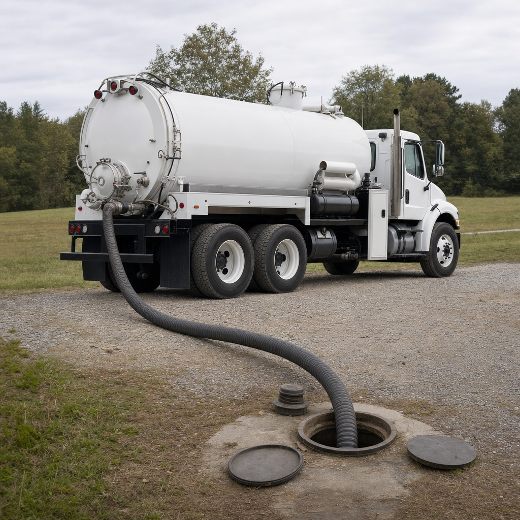 An unmarked white vacuum truck emptying a wastewater holding tank on a scheduled visit at a rural Lakewood-area property, thick suction hose running to the tank lid