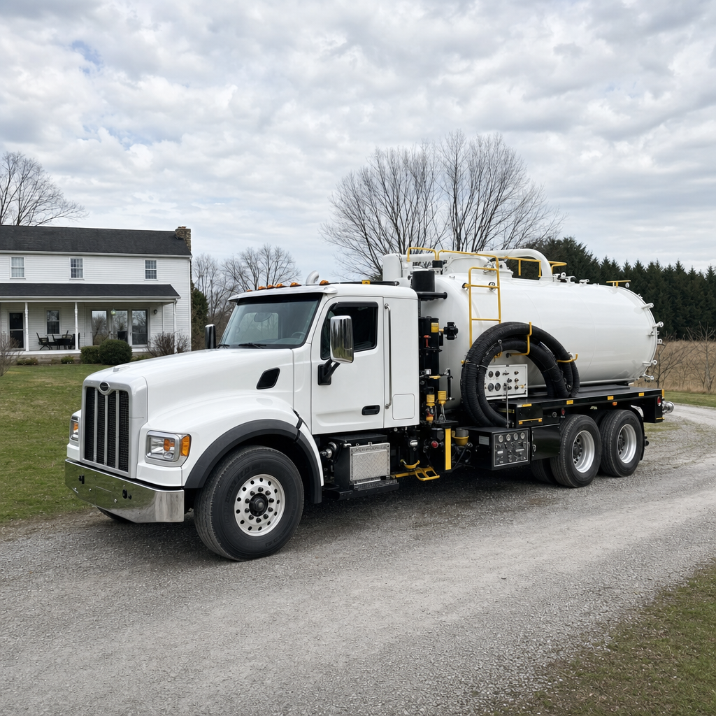 A clean white septic vacuum truck parked on a tidy Lakewood driveway with the suction hose neatly coiled