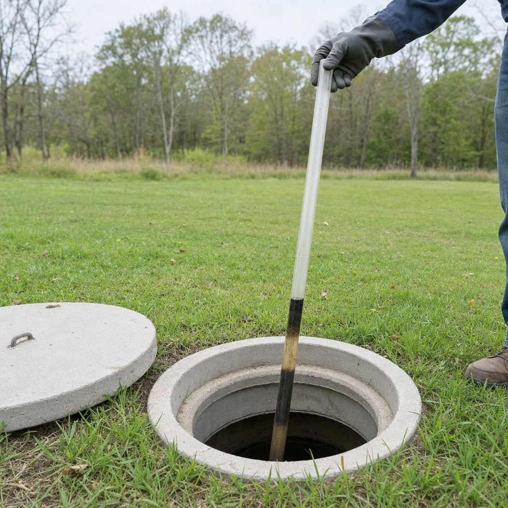 A septic sludge-judge measuring stick lowered into an open Lakewood septic tank to read the depth of the sludge and scum layers before deciding whether a pump-out is due