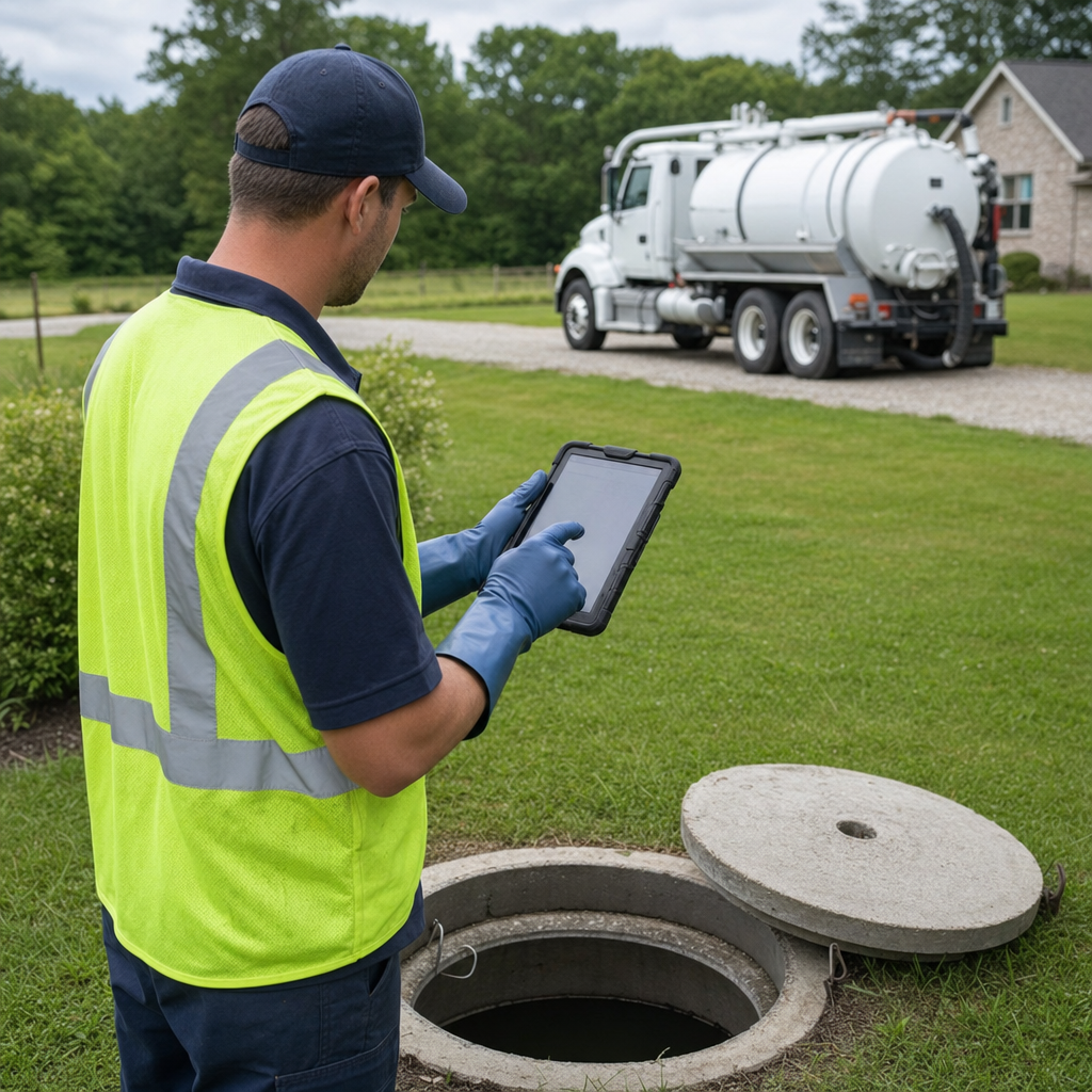 A septic technician recording a Lakewood home's pump-out date and tank condition on a tablet beside an open access lid, tracking the service history that sets the next due date