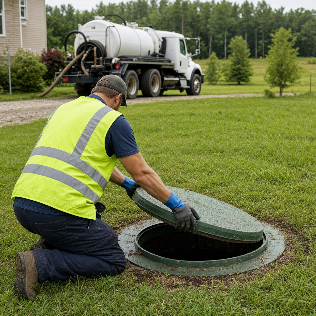 Septic technician kneeling on a Lakewood lawn, lifting the access lid on a residential septic tank