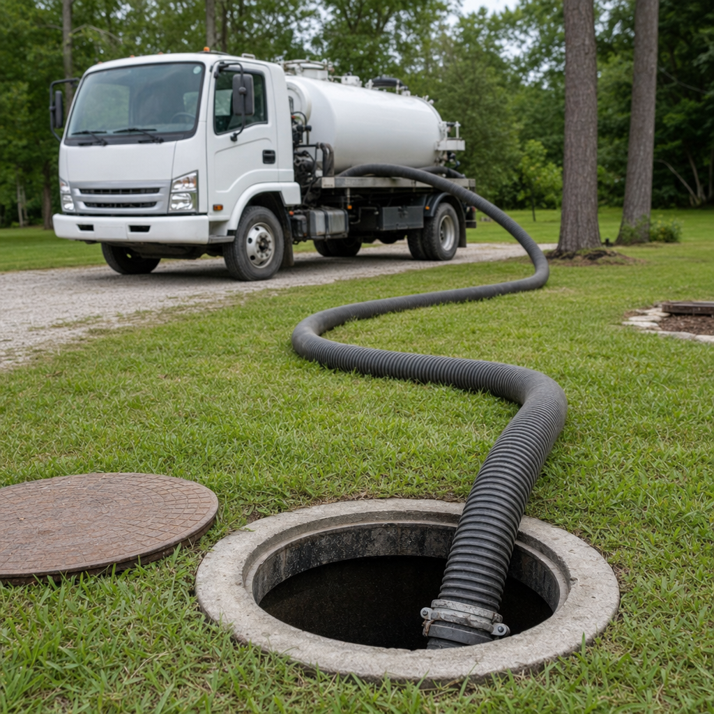 Thick ribbed suction hose lowered into a clean open septic tank port on a tidy Lakewood backyard lawn