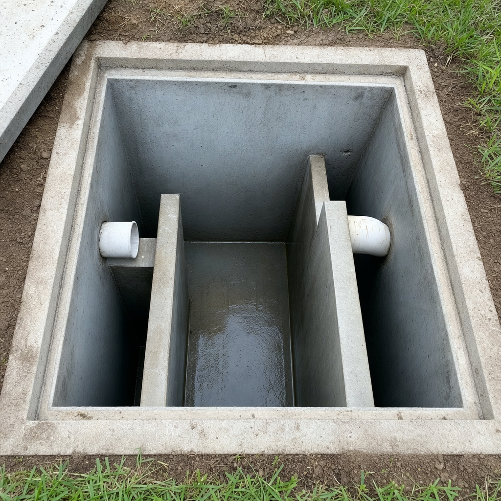 Inspection of the concrete baffles inside an open, emptied and freshly cleaned Lakewood septic tank