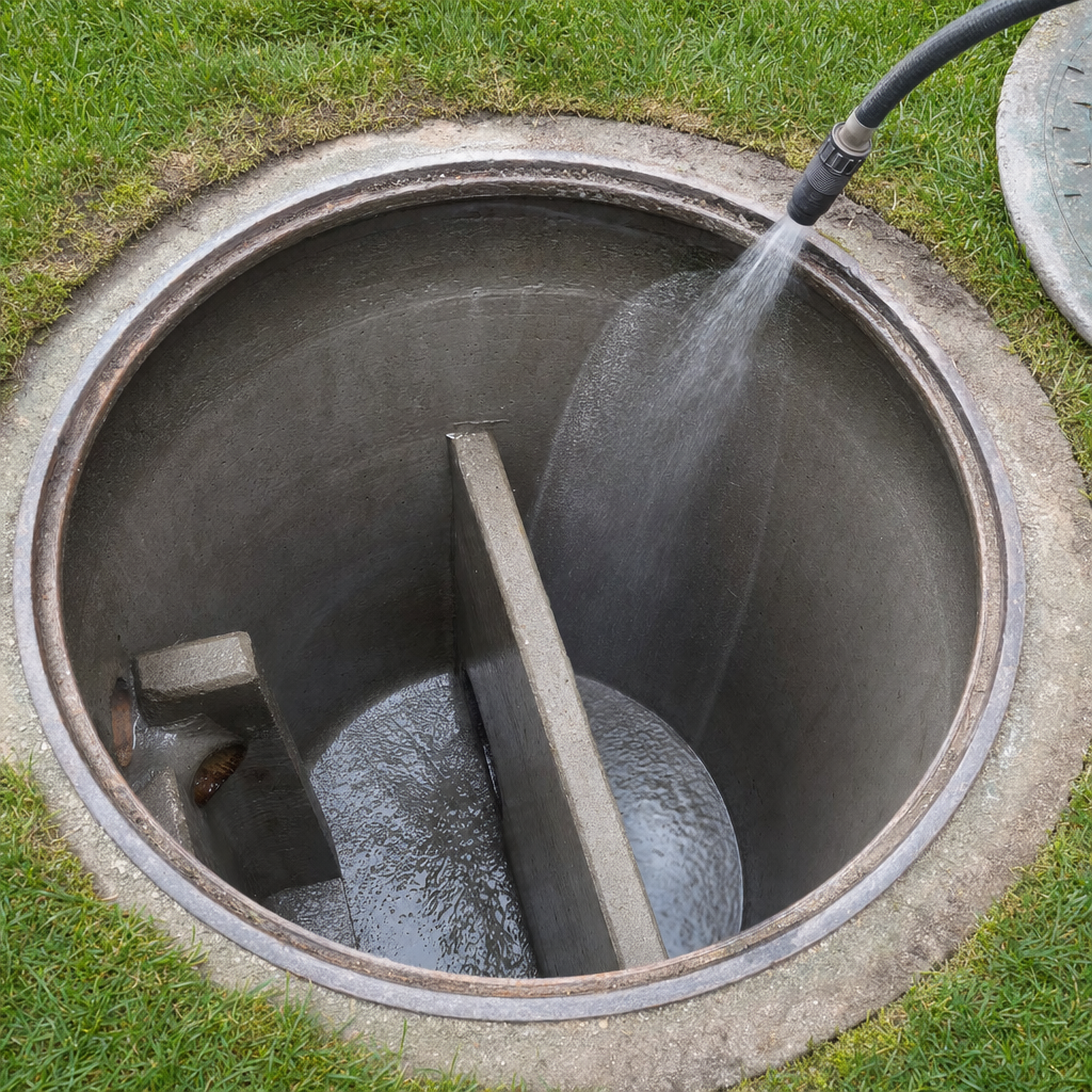 Interior concrete walls of an emptied Lakewood septic tank being rinsed clean with the truck's onboard water hose