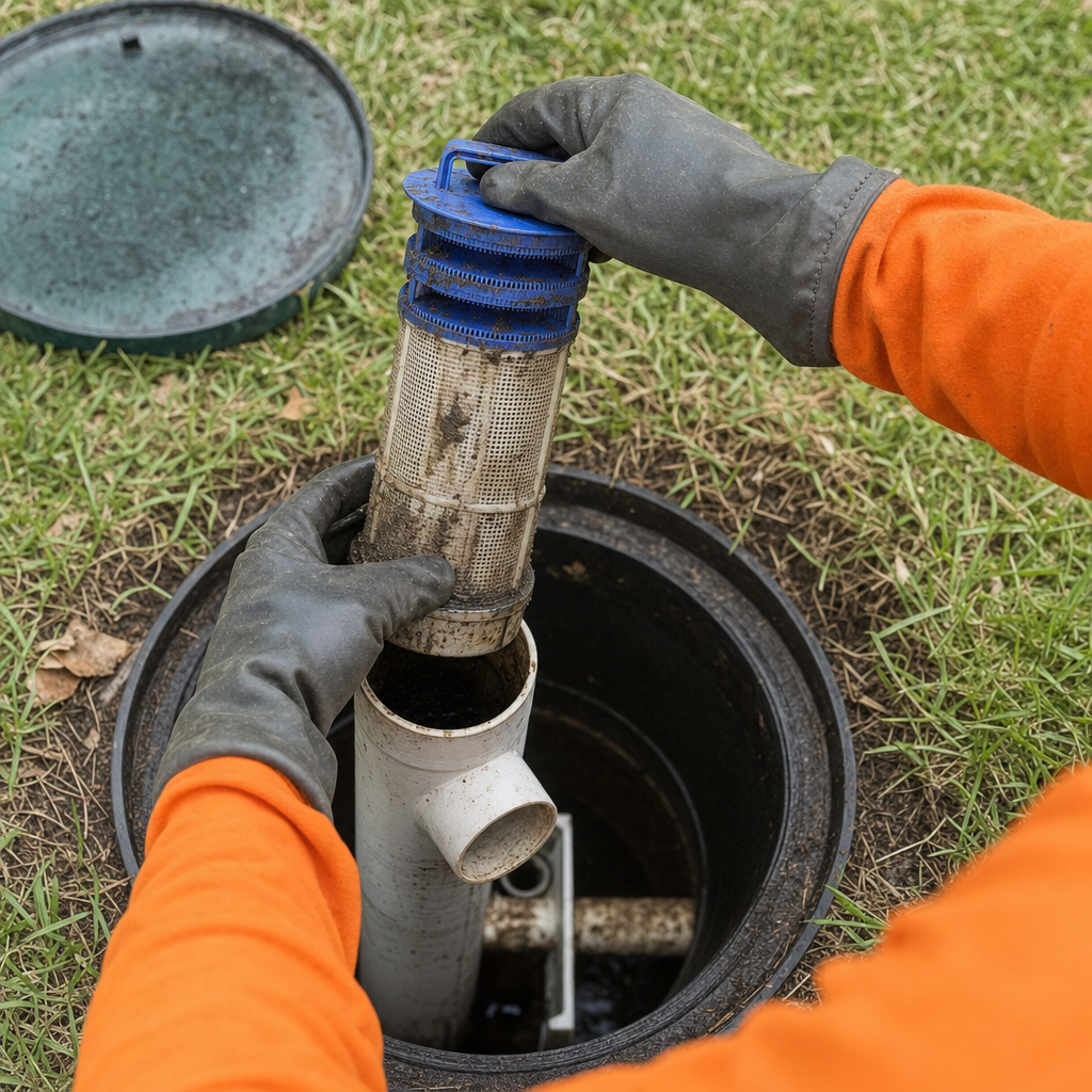 Septic technician's gloved hands lifting the effluent filter cartridge out of the outlet housing on a Lakewood septic tank