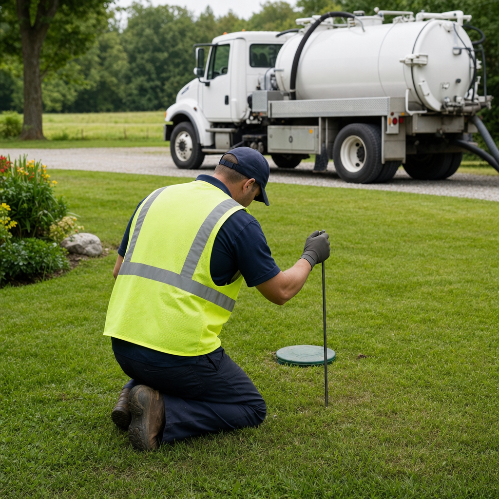 Septic technician kneeling on a Lakewood lawn, probing to locate and measure the depth of a buried septic tank lid before pumping