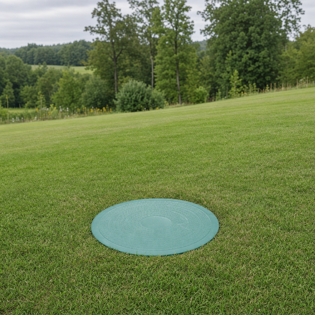 A newly installed septic riser bringing the tank lid up flush to grade in a Lakewood yard for easy future access