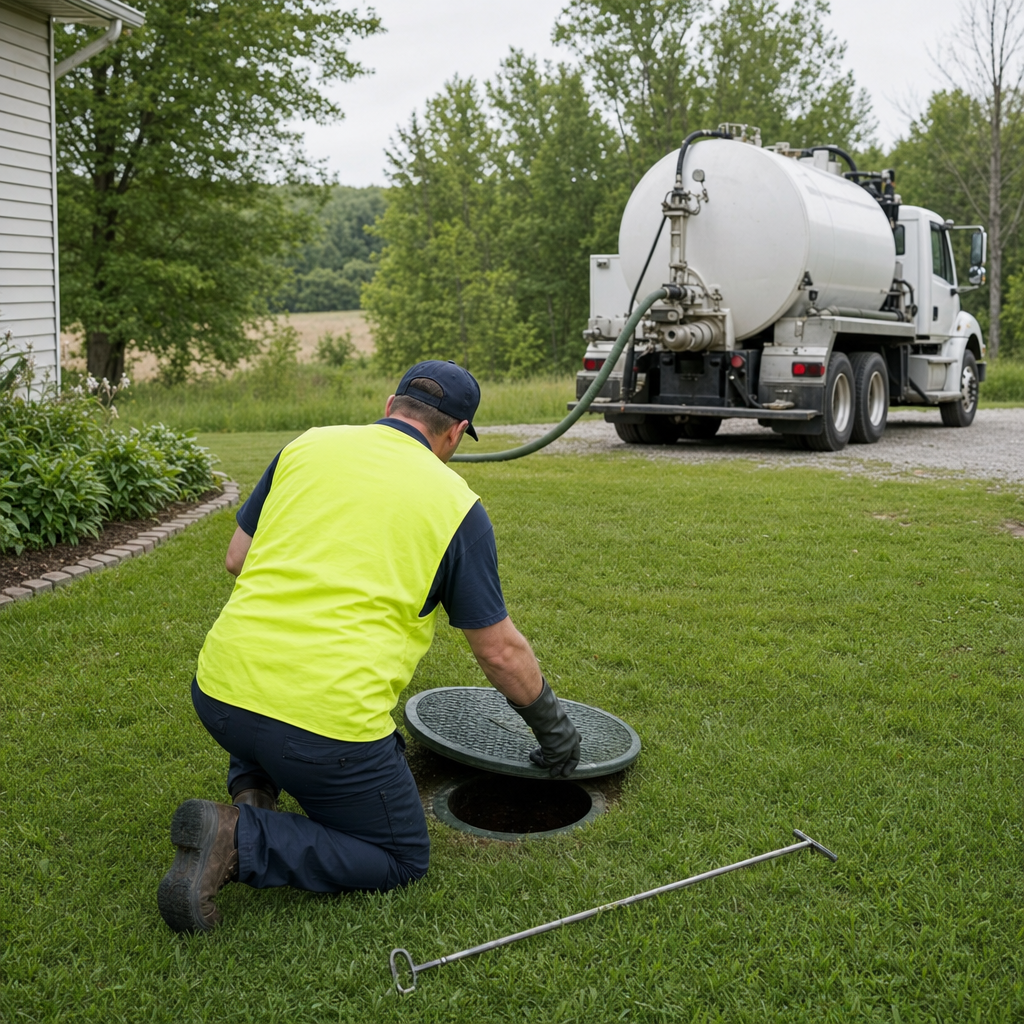 Septic technician kneeling on a Lakewood lawn, lifting the buried access lid on a residential septic tank