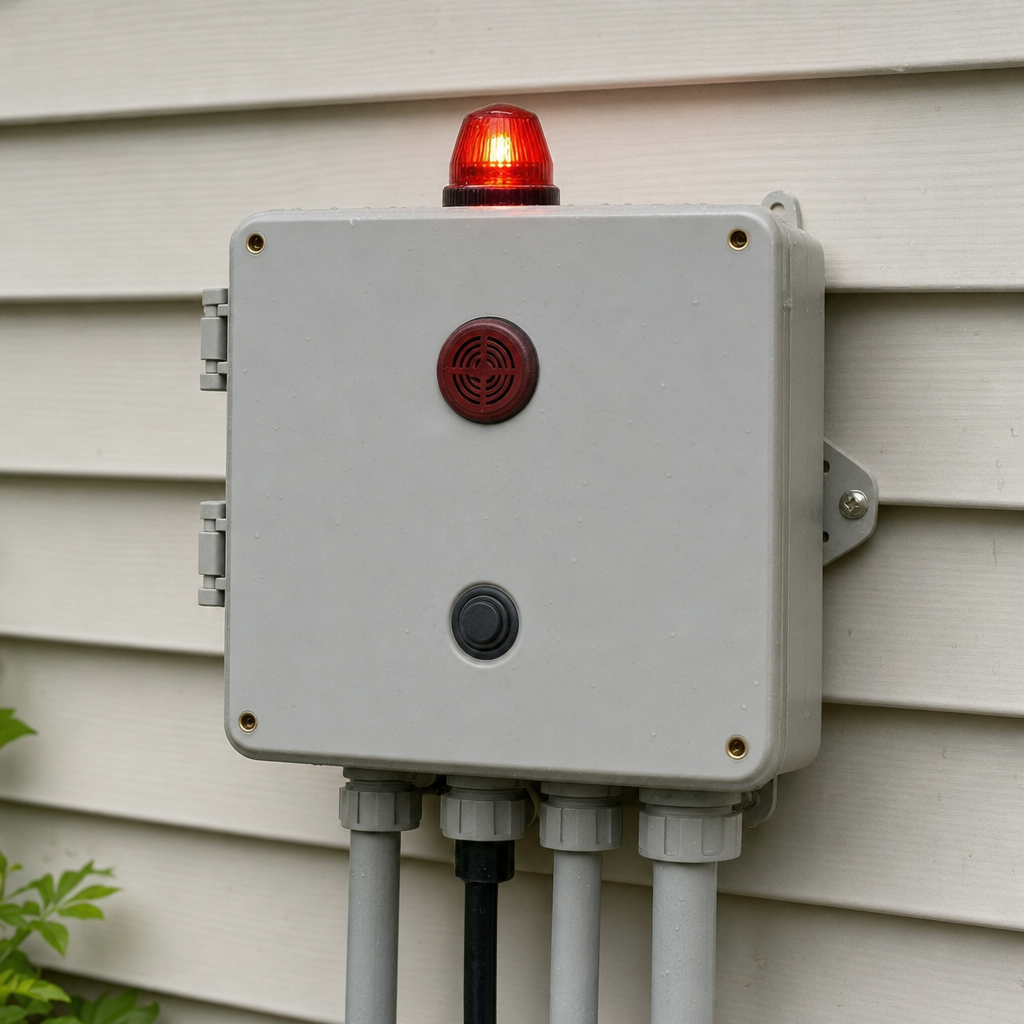 An aerobic septic system control panel mounted outside a Lakewood home with its red high-water alarm light lit
