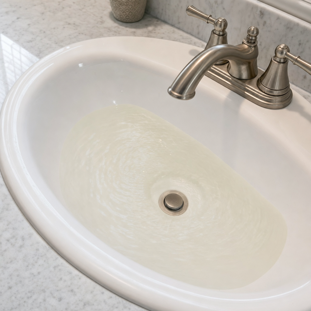 A bathroom sink draining slowly with water pooled in the basin, an early warning sign that a Lakewood septic tank is full